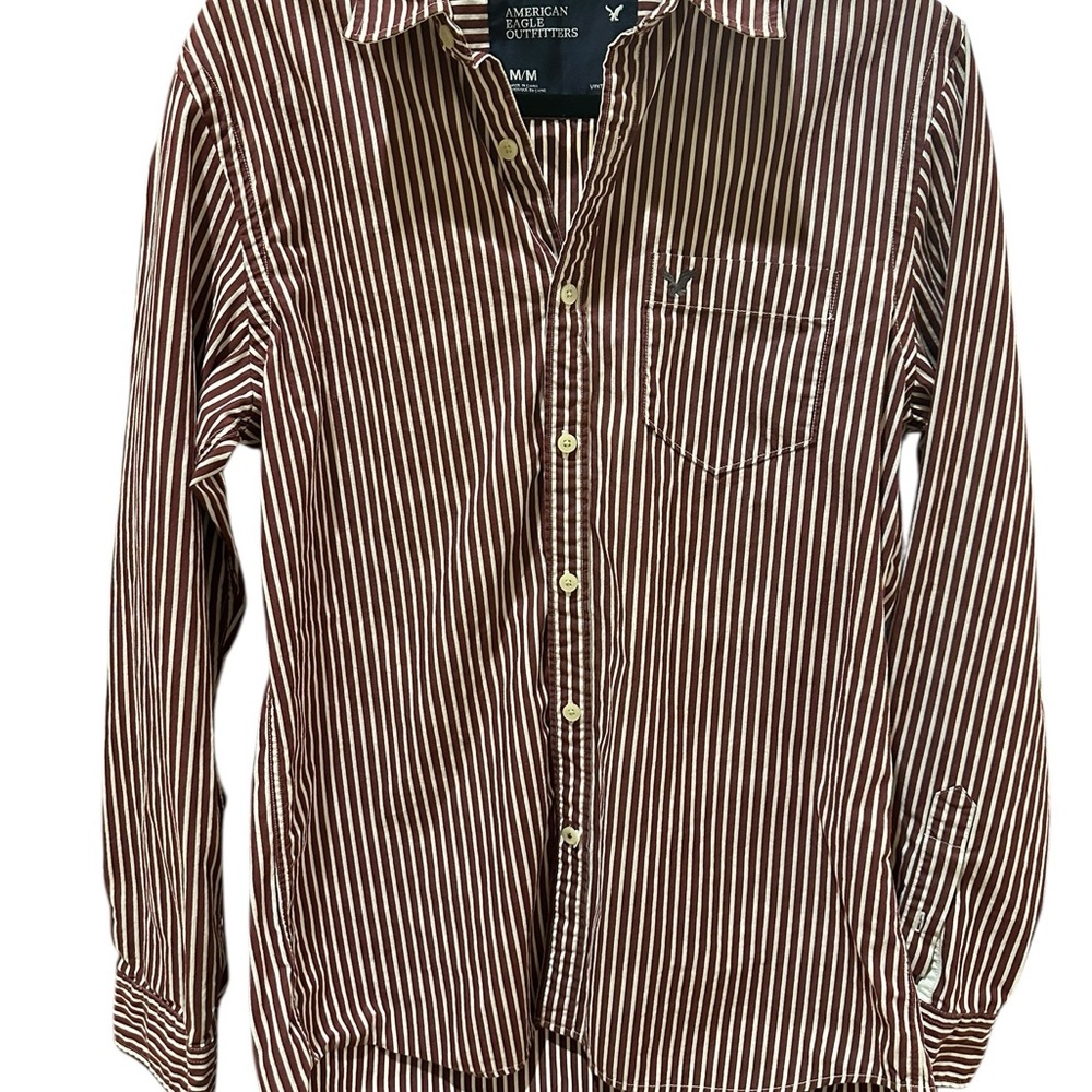 American Eagle Outfitters Men's Maroon and White Striped Shirt
